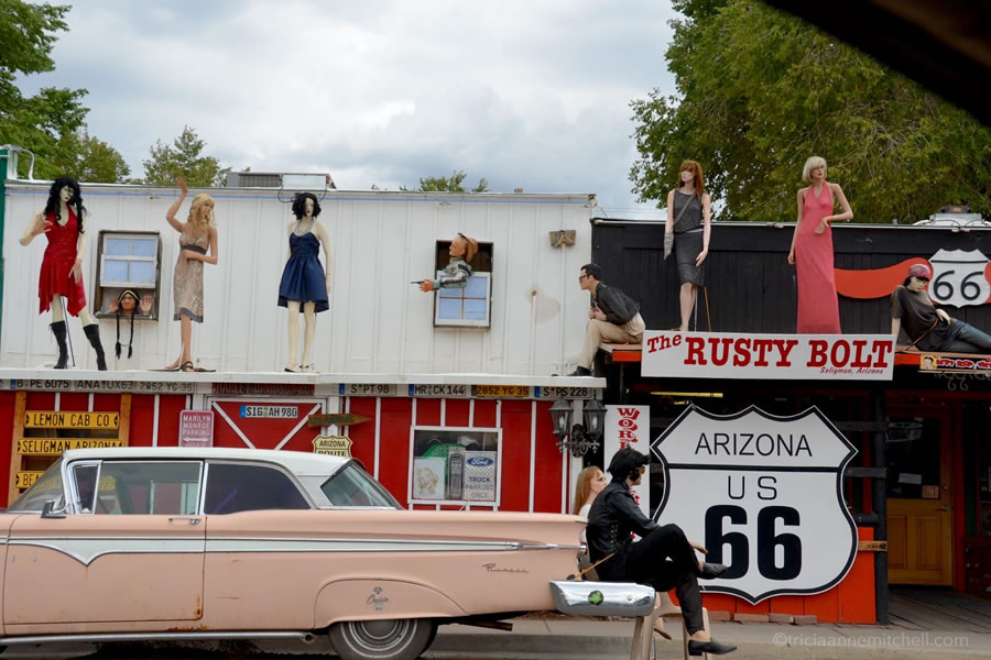 Mannequins and vintage cars sit outside the Rusty Bolt Gift Shop, along Route 66 in Seligman, Arizona.